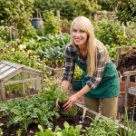 Woman gardening in lush allotment, planting herbs in raised bed with tool, eco-friendly gardening scene