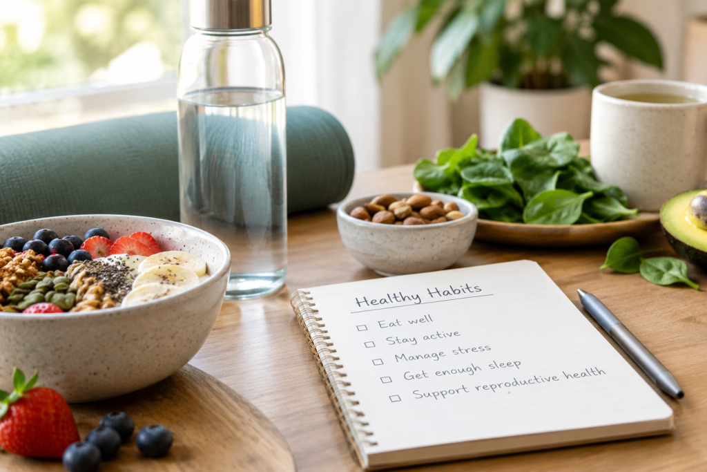 Healthy lifestyle setup with nutritious breakfast, water, notebook with checklist, nuts, greens, and avocado on a wooden table