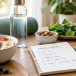 Healthy lifestyle setup with nutritious breakfast, water, notebook with checklist, nuts, greens, and avocado on a wooden table
